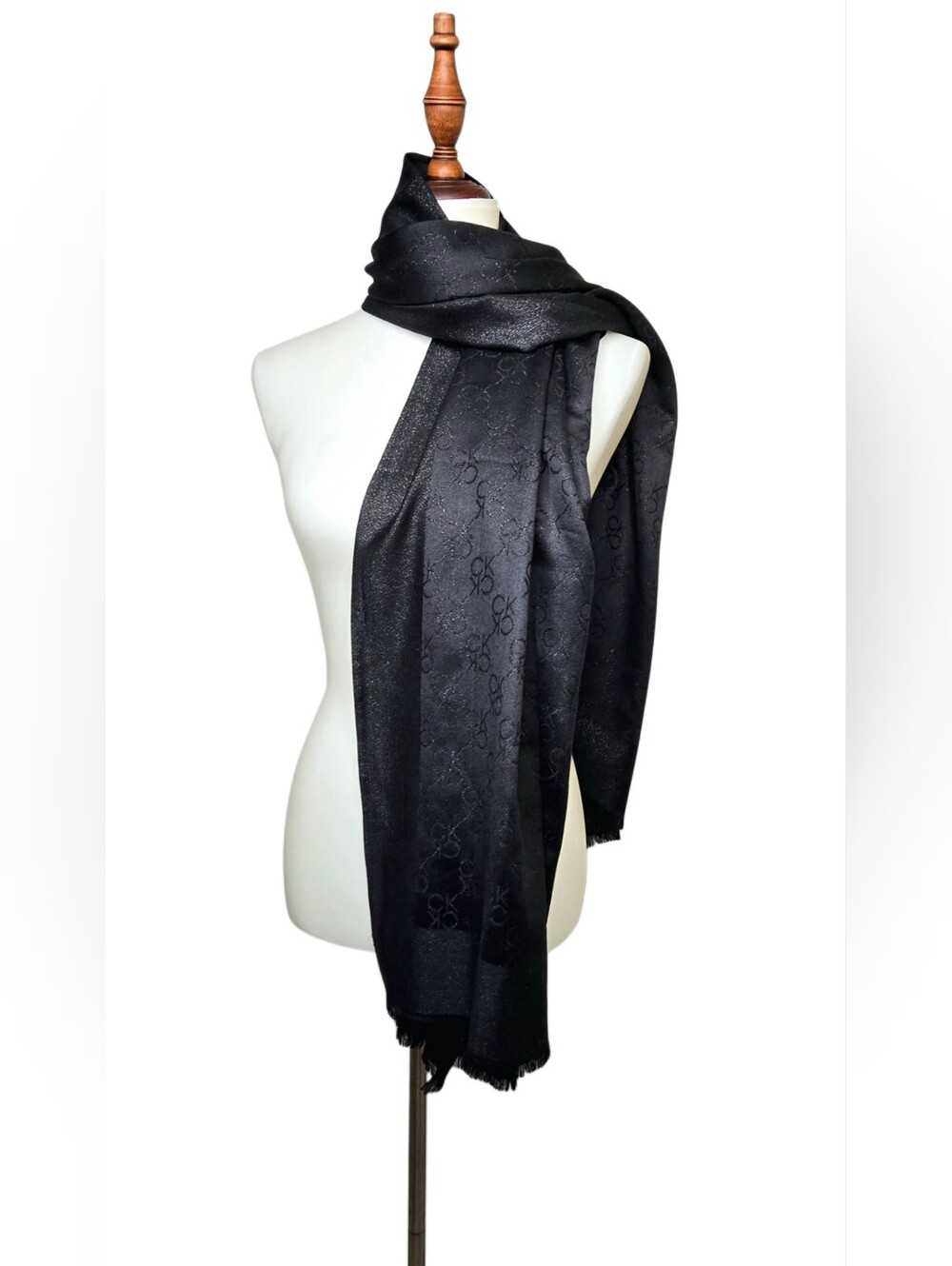Calvin Klein Black Monogram Logo Pattern Scarf Wrap Fringed